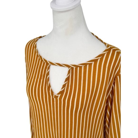 🌟 EVERLY Mustard Yellow & White Striped Long Sleeve Blouse Boho Chic V-Neck Top - Picture 3 of 10